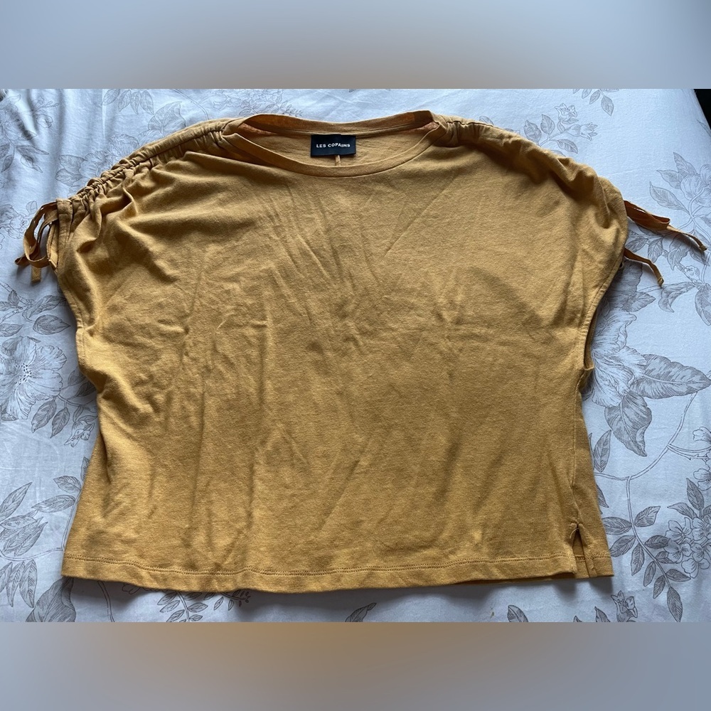 Les Copains Mustard Linen Ruched Short Sleeve Dolman‎ Top Large Lagom Lagenlook
